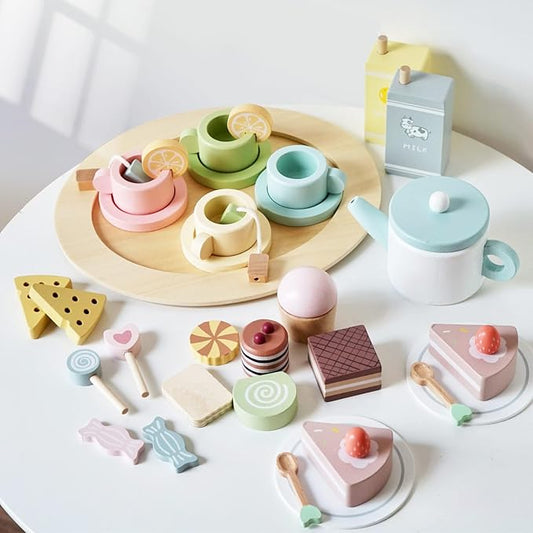 Wooden Tea Party Set for Little Girls, 30 PCS Wooden Tea Set for Toddlers 3-5, Pretend Play Kids Wood Tea Set Toy, Play Kitchen Accessories with Play Food, Improve Imagination