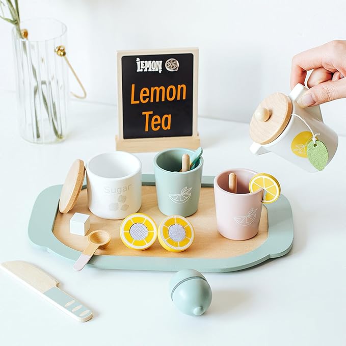 Wooden Tea Party Set for Little Girls Toys, Pretend Play Kids Tea Set for Toddlers Wood Toys, Wooden Play Food Kitchen Accessories Sets for Kid (Lemon Tea)