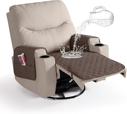 Ruaozz Waterproof Recliner Chair Covers Non Slip Chair Covers Recliner Seat Cover with Arms Washable Recliner Covers for Reclining Chair with Pocket, Covers for Recliner Chair (Brown, Small-22'')