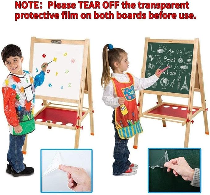 Wooden Art Easel for Kids, Double Sided Kids Easel with Whiteboard & Chalkboard, Height Adjustable Standing Toddler Easel with Painting Accessories, Education Gift for Boys and Girl Toddler