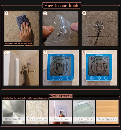 Digital Shower Clock, Bathroom Timer Clock, Waterproof for Water Spray, Count Up Count Down Alarm, Touch Screen Timer, Temperature Humidity, Wall Clock Magnet, Suction Cup, Hanging, Stand Blue