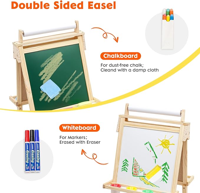 Wooden Easel for Kids 3 in 1 Kids Easel with Paper Roll Adjustable Height Art Easel Chalkboard & Whiteboard Drawing Easel for Kids Toddlers.