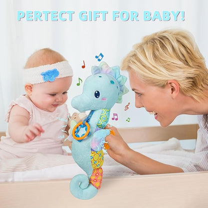 Baby Toys 0-6 Months,Infant Musical Seahorse Stuffed Animals Sensory Toys with Bright Colors 0-12 Months-Blue