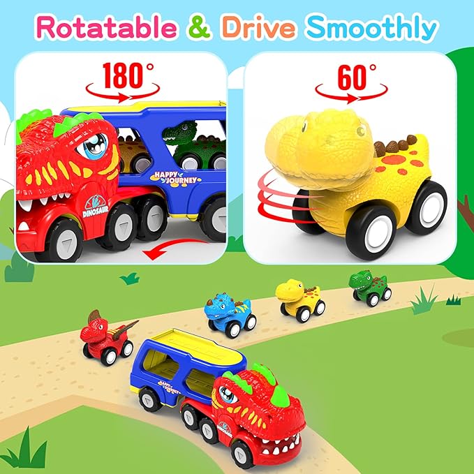 Toys for 1 2 3 4 Year Old Boys Girls, 5 in 1 Toy Trucks for Boys Age 2-3 with 4 Dinosaur Toy Cars for Toddlers 1-3