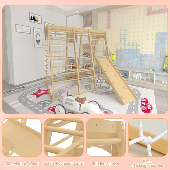 Toddler Jungle Gym, 66" Indoor Playground Set with Swing, Rock Climb Wall, Slide, Monkey Bars, Wood & Rope Ladder, Rope Wall Ladder for Kids 1-8yrs