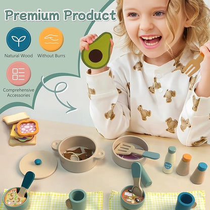 Wooden Kids Play Kitchen Accessories, Play Pots and Pans Sets for Kids Kitchen, Pretend Play Toys, Wooden Play Food Set, Kitchen Playset Accessories for Boys and Girls 3 4 5 6