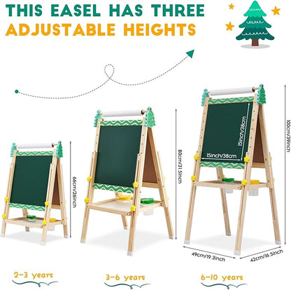 Wooden Art Easel for Kids with Paper Roll Height Adjustable Standing Easel Double-Sided Easel with Whiteboard Chalkboard Storage Tray Painting Accessories Gift for Boys Girls Toddler Ages 3+