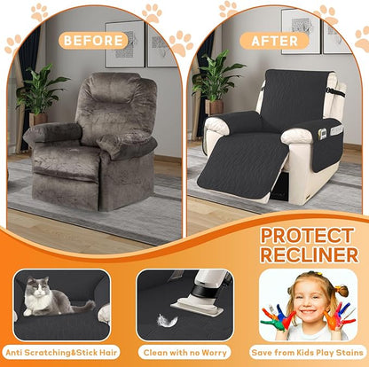 XINEAGE 100% Waterproof Recliner Chair Covers with Elastic Straps, Nonslip Reclining Couch Covers Washable Recliner Couch Cover with Pockets Furniture Protector for Pets Dogs (Black, 30")