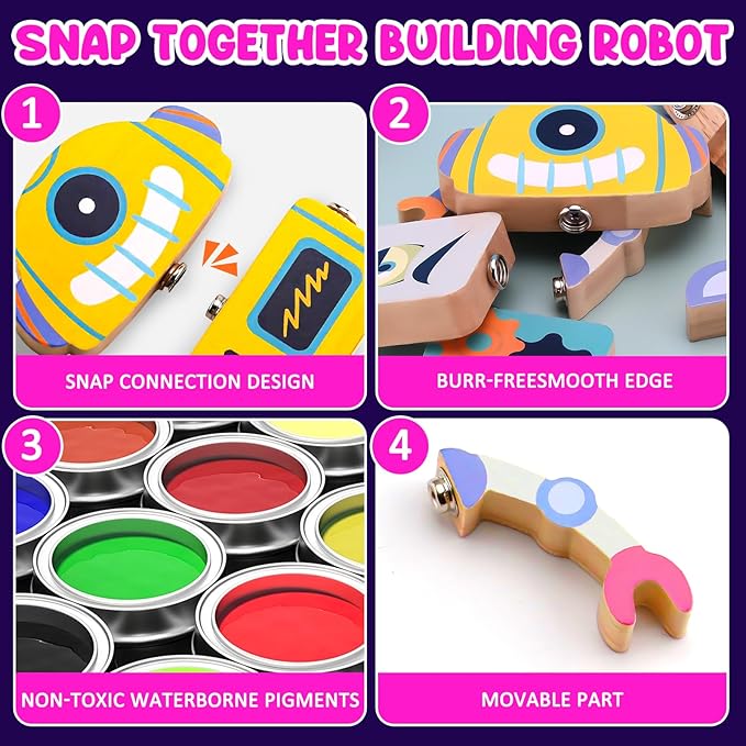 Wooden Snap Together Robot Toys, Fine Motor Building Robot Blocks for Kids, STEM Montessori Educational Learning Toy, Gift for 3 4 5 6+ Years Old Boy Girl Kids