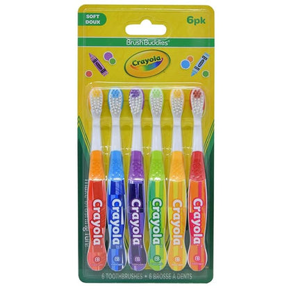 Brush Buddies Crayola Kids Toothbrush, Toddler Toothbrush, Children's Toothbrush, Soft Bristle Toothbrush for Kids, 6PK