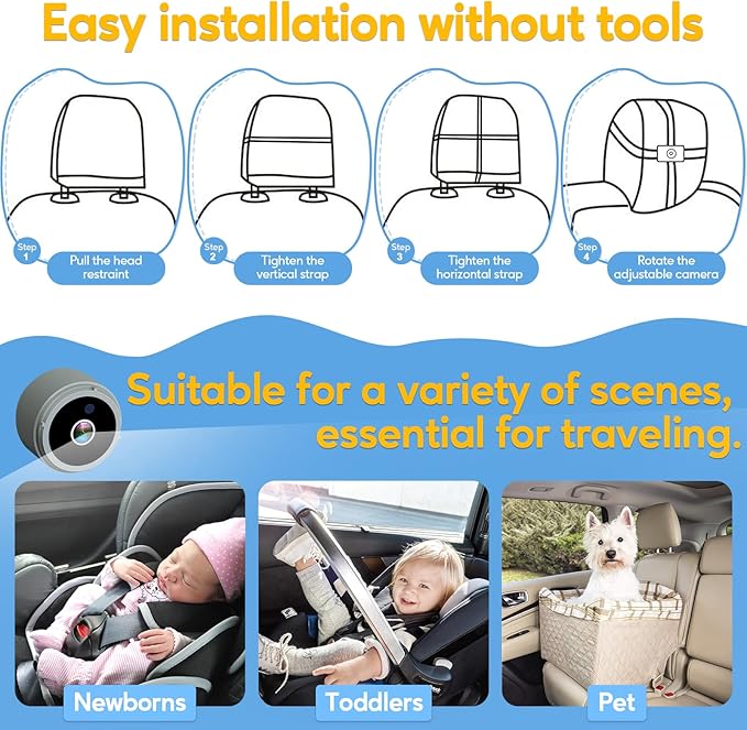 Baby Car Camera for Backseat 1080P - HD Crystal Night Vision, Easy to Install, 360° Rotation, Protect Baby's Eye, Perfect for Grey Car Interiors, Rear Facing Backseat Camera for Newborn, Infant, Kids