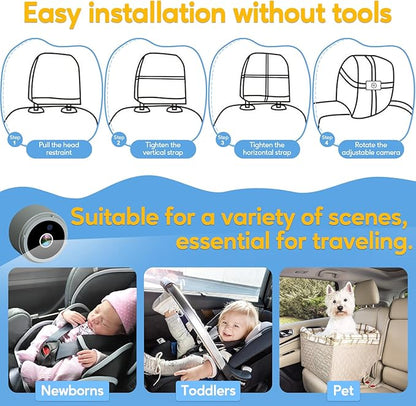 Baby Car Camera for Backseat 1080P - HD Crystal Night Vision, Easy to Install, 360° Rotation, Protect Baby's Eye, Perfect for Grey Car Interiors, Rear Facing Backseat Camera for Newborn, Infant, Kids
