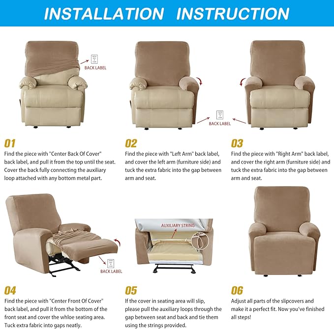 OBCREAT High Stretch Recliner Chair Cover Soft Velvet Recliner Slipcovers 4 Pieces Lazy Boy Recliner Couch Covers Plush Furniture Protector for Kids Pets (Wine Red)