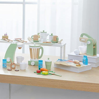 Teamson Kids Play Kitchen Accessories Little Chef 13 Piece Wooden Smoothie Blender Set with Cutting Fruit, Ingredients and to-Go Cup with Straw