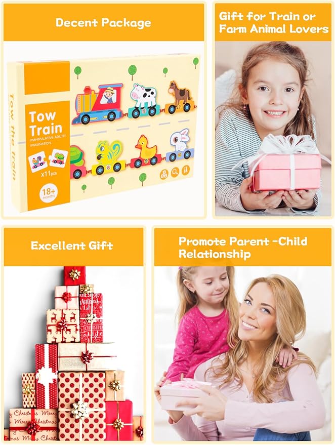 Toys for Toddlers, 11 Wooden Animals Train Set 2 Year 2-4 Boys 2, Preschool
