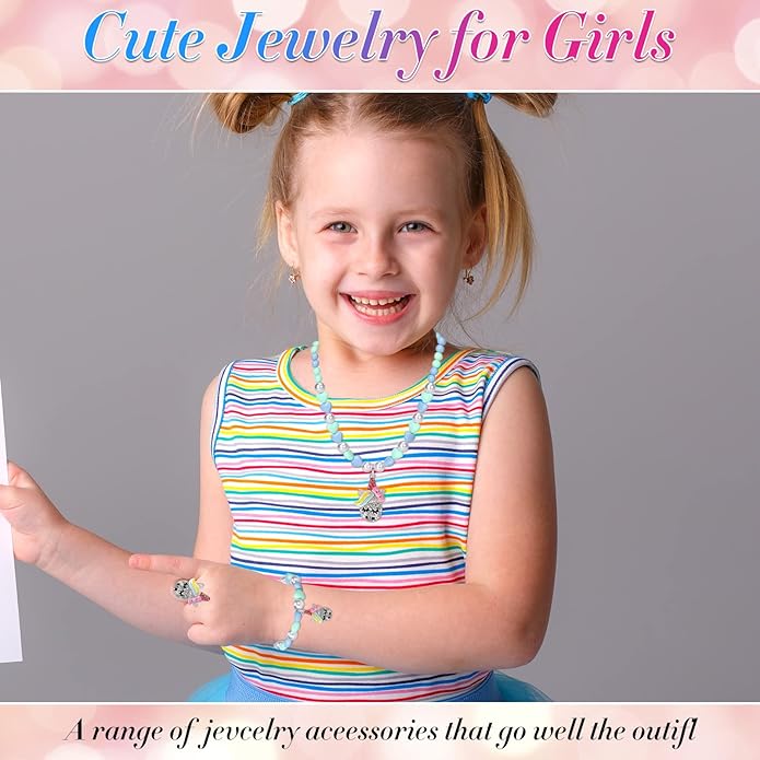Unicorn Jewelry Set, Kids Unicorn Jewelry for Girls Included Necklace Bracelet Ring, Little Girl Jewel Necklace Set Cute Toddlers Unicorn Pendant,Pretend Dress up Jewelry Gift