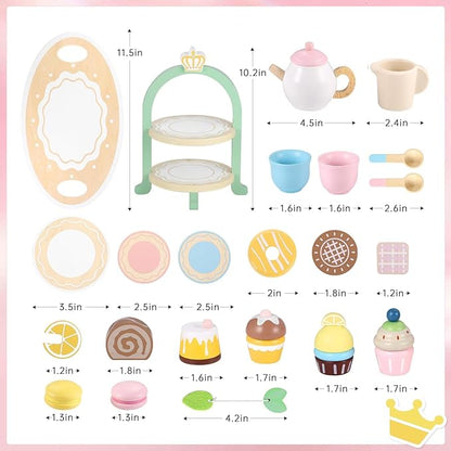 Wooden Tea Party Set for Little Girls, Toys Toddler Tea Set with Pretend Play Toy Cookies & Cake Stand, Kids Kitchen Playset Wooden Toys Birthday Gift for 2 3 4 5 6 Year Old Girls Boys