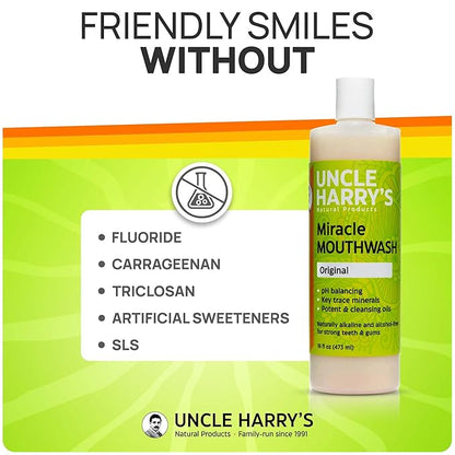 Uncle Harry's Natural Alkalizing Miracle Mouthwash | Adult & Kids Mouthwash for Bad Breath | pH Balanced Oral Care Mouth Wash & Mouth Rinse (16 fl oz)