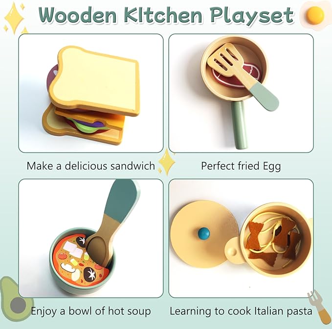 Wooden Kids Play Kitchen Accessories, Play Pots and Pans Sets for Kids Kitchen, Pretend Play Toys, Wooden Play Food Set, Kitchen Playset Accessories for Boys and Girls 3 4 5 6