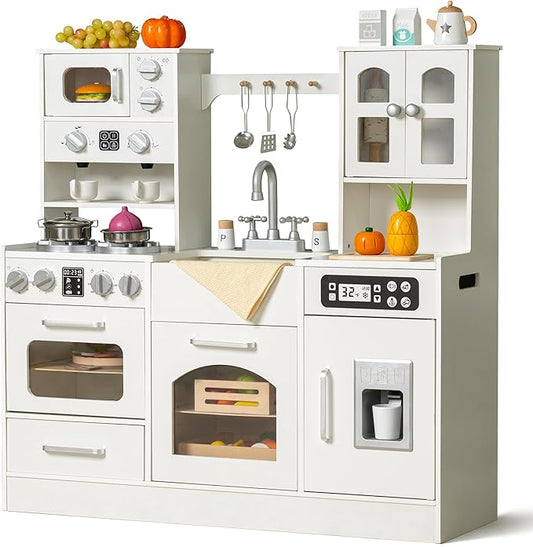 Wooden Play Kitchen for Kids with Realistic Lights and Sounds, Large Toddlers Interactive Kitchen Playset with Ice Maker, Stove, Sink, Oven, and 12 Accessories, Pretend Play Kitchen Set for Ages 3-8