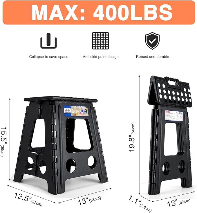 ACKO 6pack Folding Step Stool 16 Inch Stool 400 LB Weight Capacity Plastic Foldable Step Stools for Adults and Kids, Folding Stool Suitable for Kitchen, Stepping Stool with Handle Black Step Stool