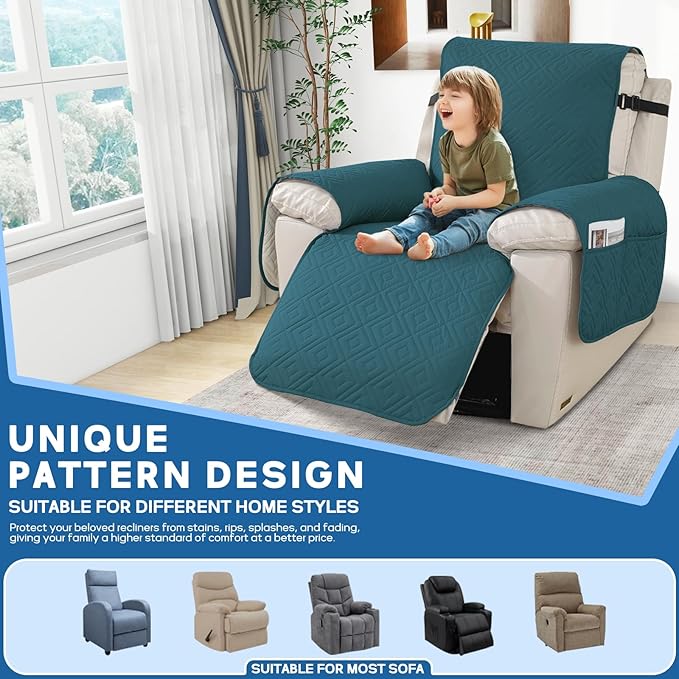 XINEAGE 100% Waterproof Recliner Cover, Non Slip Recliner Chair Cover with Elastic Band, Washable Recliner Slipcover with Storage Pockets for Kids, Pets (Blackish Green, 30")