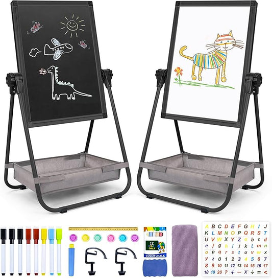 WEYOUNG Easel for Kids Easel for Toddlers, Adjustable Standingg Metal Toddler Easels Whiteboard & Chalkboard for Kids, Magnetic Art Easel for Kids Age 2-4 4-8 9-12, Black
