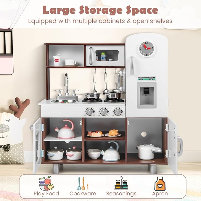Costzon Kitchen Playset for Kids, Wooden Pretend Cooking Kitchen w/Utensils, Oven, Cabinets, Faucet, Sink & Telephone, Toddlers Play Kitchen Set with Accessories, Gift for Age 3+ (Brown)
