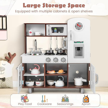 Costzon Kitchen Playset for Kids, Wooden Pretend Cooking Kitchen w/Utensils, Oven, Cabinets, Faucet, Sink & Telephone, Toddlers Play Kitchen Set with Accessories, Gift for Age 3+ (Brown)
