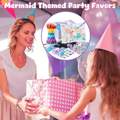 BenLouis 96Pcs Mermaid Party Favors Little Mermaid Coloring Books Crayon Stickers Set Bulk for Kids Mermaid Birthday Decor Baby Shower Candy Goodie Bag Stuffer Classroom Rewards Pinata Supplies