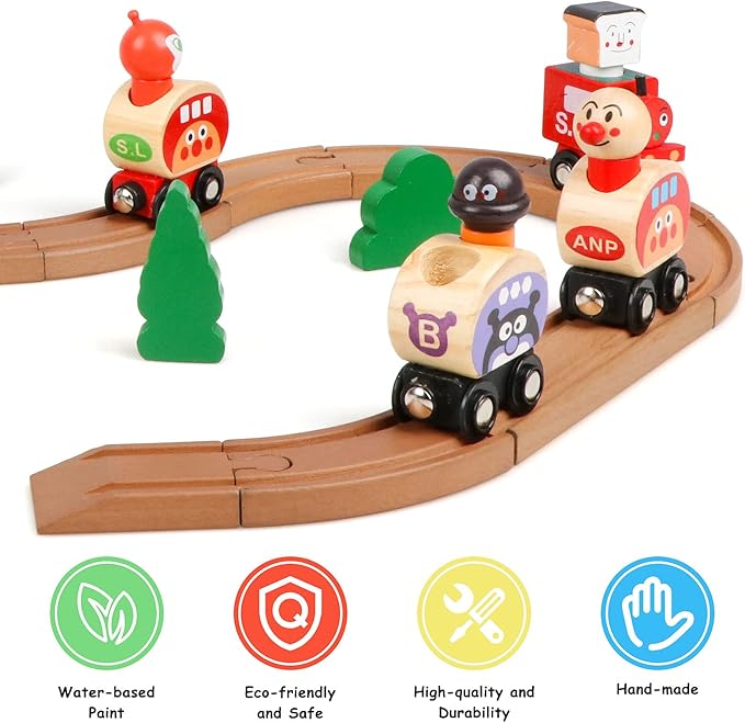 Wooden Train Tracks Set Toys, Train Toys with All-Wood Double Sided Train Tracks 3,4,5 Years