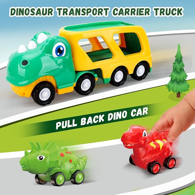 TOY Life Toddler Car Toy for 1+ Year Old, Dinosaur Transport Carrier Truck with 4 Pull Back Dinosaur Cars Dino Figures 1 2 3 4 5+, Christmas 18M+ Boys