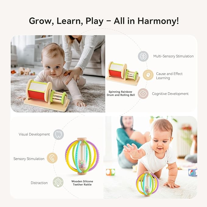 IEATFO Montessori Toys for Babies 0-6 Months, 6-in-1 Newborn Tummy Time Playful Learning Toys with Mobile, Black & White Soft Book, Spinning Rainbow Drum and Rolling Bell, Teether Rattle and More