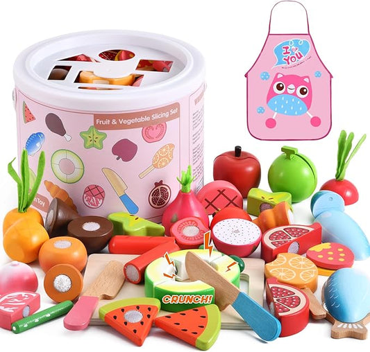 WHOHOLL Wooden Play Food Toys for Kids Kitchen Playset, Play Kitchen Accessories with Apron Pretend Cutting Food Montessori Toys for 1+ Year Old Girls and Boys