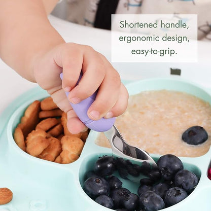 Baby Fork and Spoon Set with Carry Case Baby Training Utensils Self Feeding Toddler Silverware Silicone and Stainless Steel Kids and Toddler Utensil Set-Bees