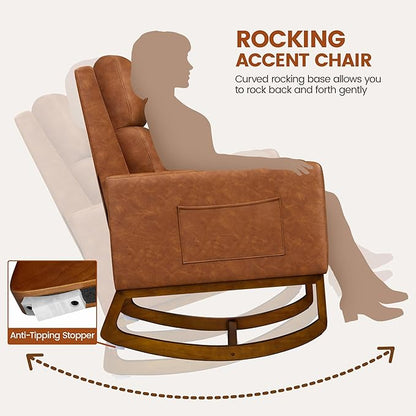 Yaheetech Rocking Chair, Leather Nursery Glider Chair, Upholstered Accent Chair with Rubber Wood Legs and Side Pockets, High Back Armchair for Living Room, Bedroom, Brown