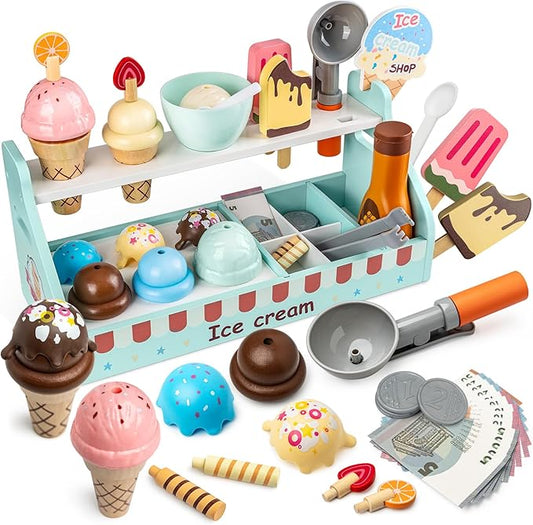Wooden Ice Cream Toys for Kids, Commodum 43pcs Ice Cream Shop Counter Playset, Kids Pretend Kitchen Play Food Toys with Scoop & Fake Money, Wooden Toys for Toddlers Ages 3+, Christmas Birthday Gifts