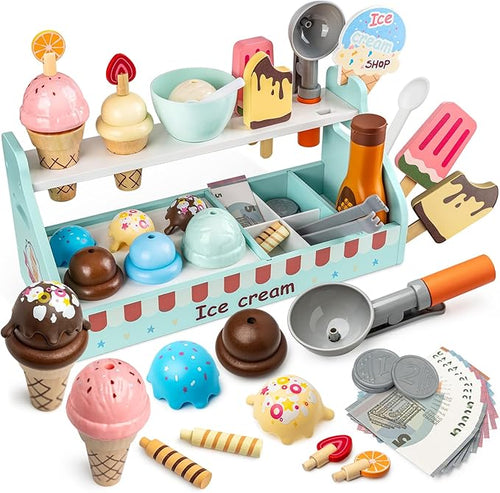 Wooden Ice Cream Toys for Kids, Commodum 43pcs Ice Cream Shop Counter Playset, Kids Pretend Kitchen Play Food Toys with Scoop & Fake Money, Wooden Toys for Toddlers Ages 3+, Christmas Birthday Gifts