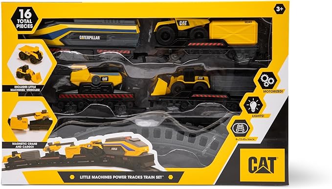CAT Construction Toys, Little Machines Power Tracks Battery Operated Train Set, Engine with Working Headlight, 3 Rail Cars, Working Crane, 2 Magnetic Cargo Containers, and 2 CAT Trucks for Kids