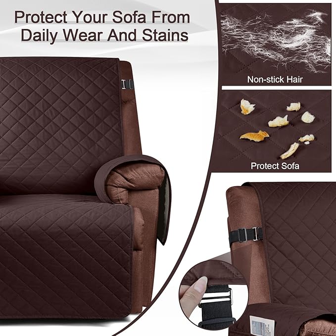 KinCam 100% Waterproof Recliner Chair Cover, Reclining Couch Covers for Pets, Dogs, Recliner Couch Slipcover Furniture Protector with Elastic Straps for Kids(28", Coffee)
