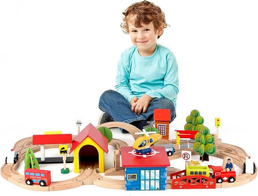 Qilay 69 PCS Wooden Train Set -Premium Wood Train Tracks & Trains Toys for Toddlers 3,4 5 Years