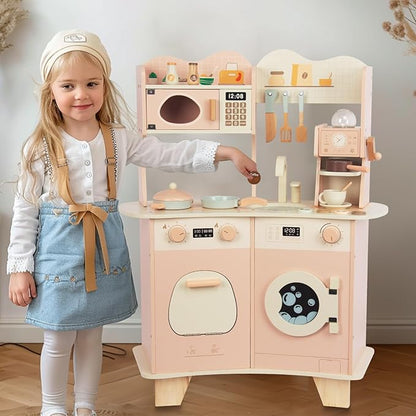 Wooden Kitchen Playset for Kids Ages 3-8, Pretend Play Kitchen for Toddlers with Realistic Design, Cooking Accessories, Coffee Maker, Oven, Microwave, Sink - Large