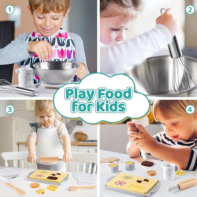 Wooden Toy Bake and Cookie Set, Pretend Play Food Sets for Kids, Pretend Cookies and Baking Set Kitchen Playset, Pretend Play Kitchen Accessories Gift for Boys and Girls Ages 3+