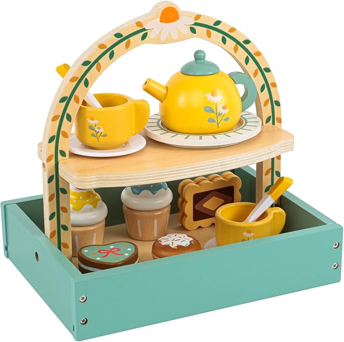 Wooden Dessert Cake Tea Party Set for Little Girls Toys, Pretend Play Kids Tea Set for Toddlers Wood Toys, Wooden Play Food Kitchen Accessories Sets for Kids