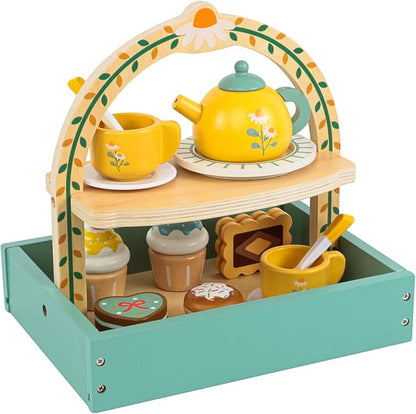 Wooden Dessert Cake Tea Party Set for Little Girls Toys, Pretend Play Kids Tea Set for Toddlers Wood Toys, Wooden Play Food Kitchen Accessories Sets for Kids