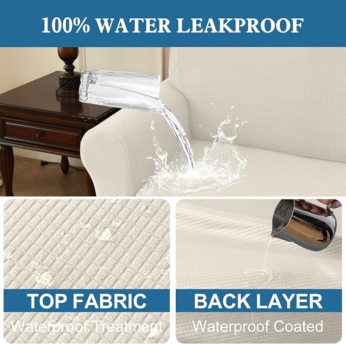 100% Waterproof Jacquard Fabric Couch Cover, Dual Layer with TPU Film, Leakproof High Elasticity Non-Slip Washable Furniture Protector for Pets, Dogs, Cats and Kids (Chair,Beige)