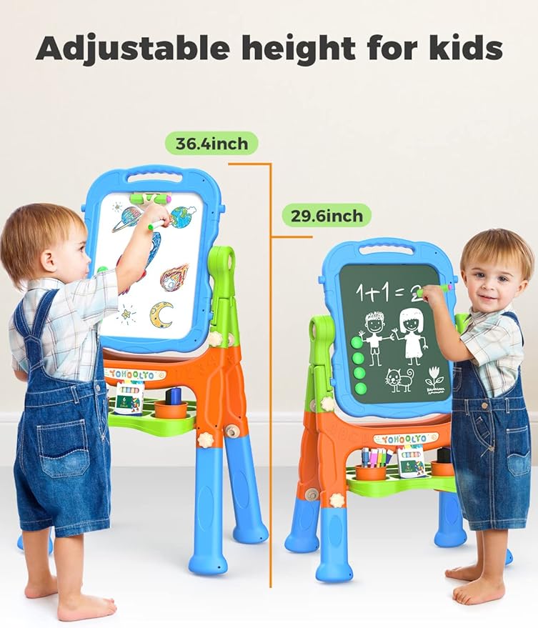 YOHOOLYO Kids Easel Standing Art Easel for Kids, Double Sided Magnetic Chalkboard Whiteboard Dry Eraser Board Great Gift for Girls and Boys