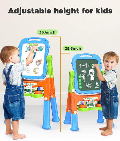 YOHOOLYO Kids Easel Standing Art Easel for Kids, Double Sided Magnetic Chalkboard Whiteboard Dry Eraser Board Great Gift for Girls and Boys