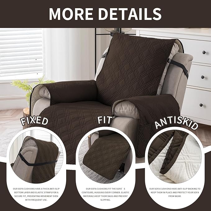 Easehomey 100% Waterproof Recliner Chair Covers, Non Slip Oversized Reclining Cover, Cover Furniture Protector Washable Chair Cover with Pocket,Elastic Straps for Kids,Pets,Dogs(Chocolate,28")
