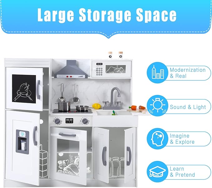 Wooden Kids Kitchen Playset with 20-Piece Cookware Accessories and Realistic Features - Ice Maker, Microwave, Oven, Range Hood, Sink, Lights and Sounds, White